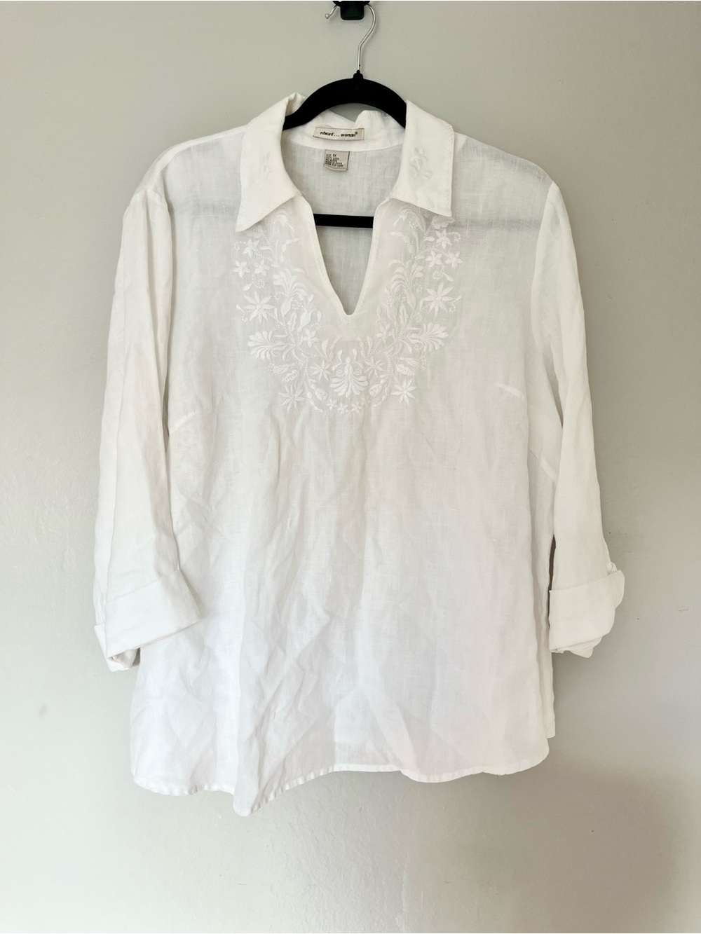 Edward Woman 100% Linen Top White Embroidered 3/4 Sleeve Size 1X Coastal Summer